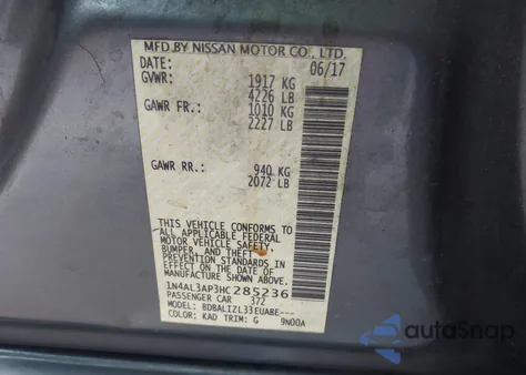 2017 Nissan Altima 2.5 Sv из США, поврежденный, VIN 1N4AL3AP3HC285236